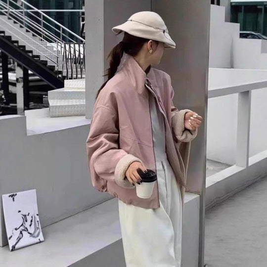 Damen Kurze Oversize Bomberjacke mit Teddyfutter an Bündchen und Stehkragen Shop Nory