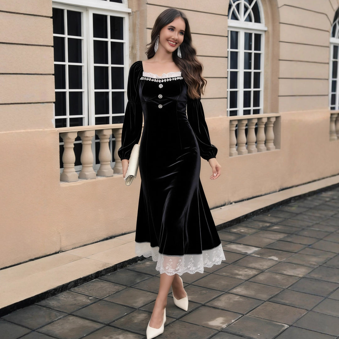 Damen Samt‑Midikleid mit quadratischem Ausschnitt, Puffärmeln und Spitzenuntertritt Shop Nory
