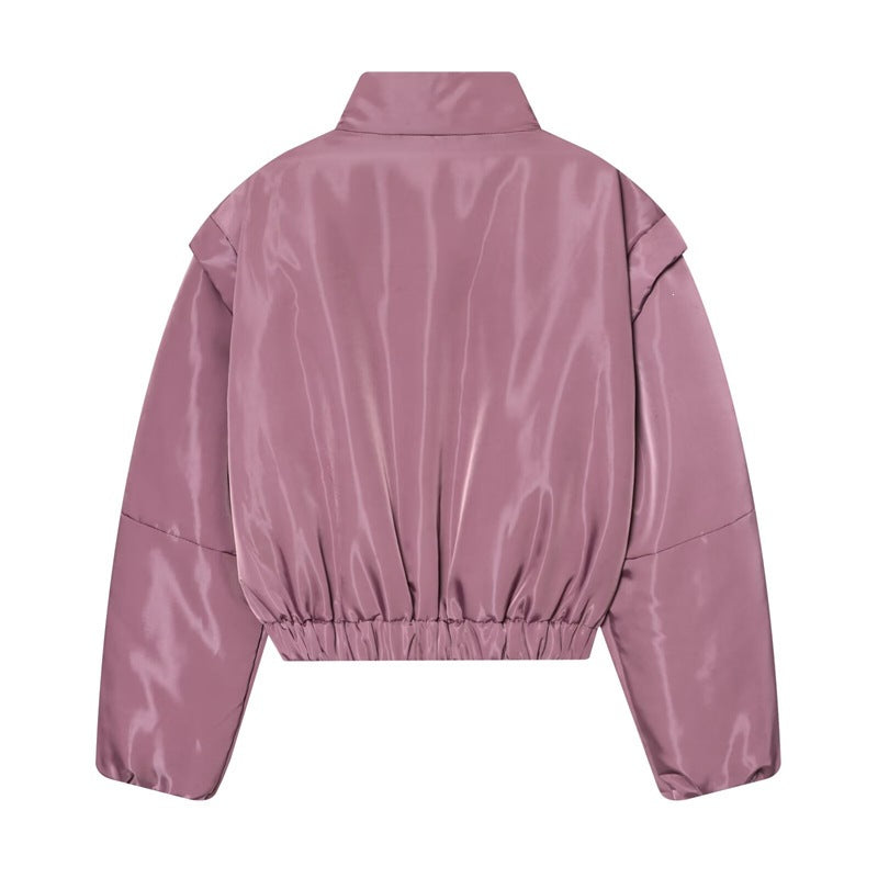 Damen Kurze glänzende Bomberjacke mit Stehkragen, tailliertem Elastbund und verdecktem Reißverschluss Shop Nory