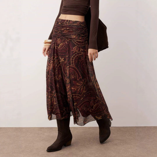 Damen Midirock im Boho‑Stil mit gerafftem Hüftbund und Paisley‑Print Shop Nory