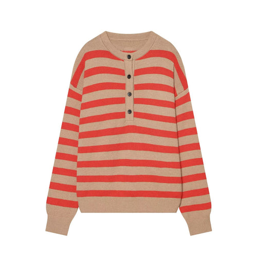 Damen Gestreifter Oversize-Strickpullover mit Henley-Knopfleiste Shop Nory