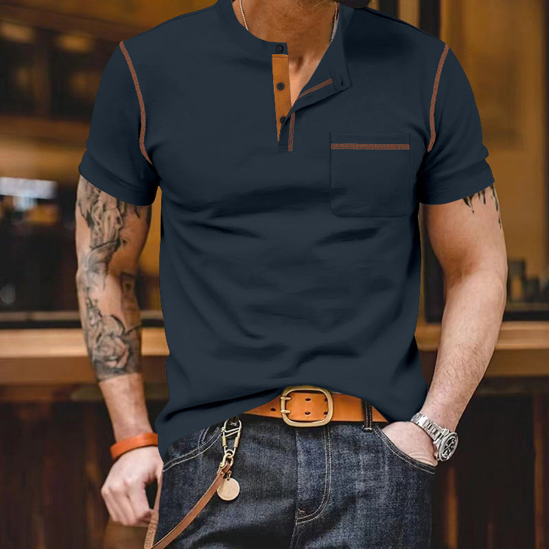 Herren nan urbanes Kurzarmshirt mit Stehkragen, halber Knopfleiste und Brusttasche