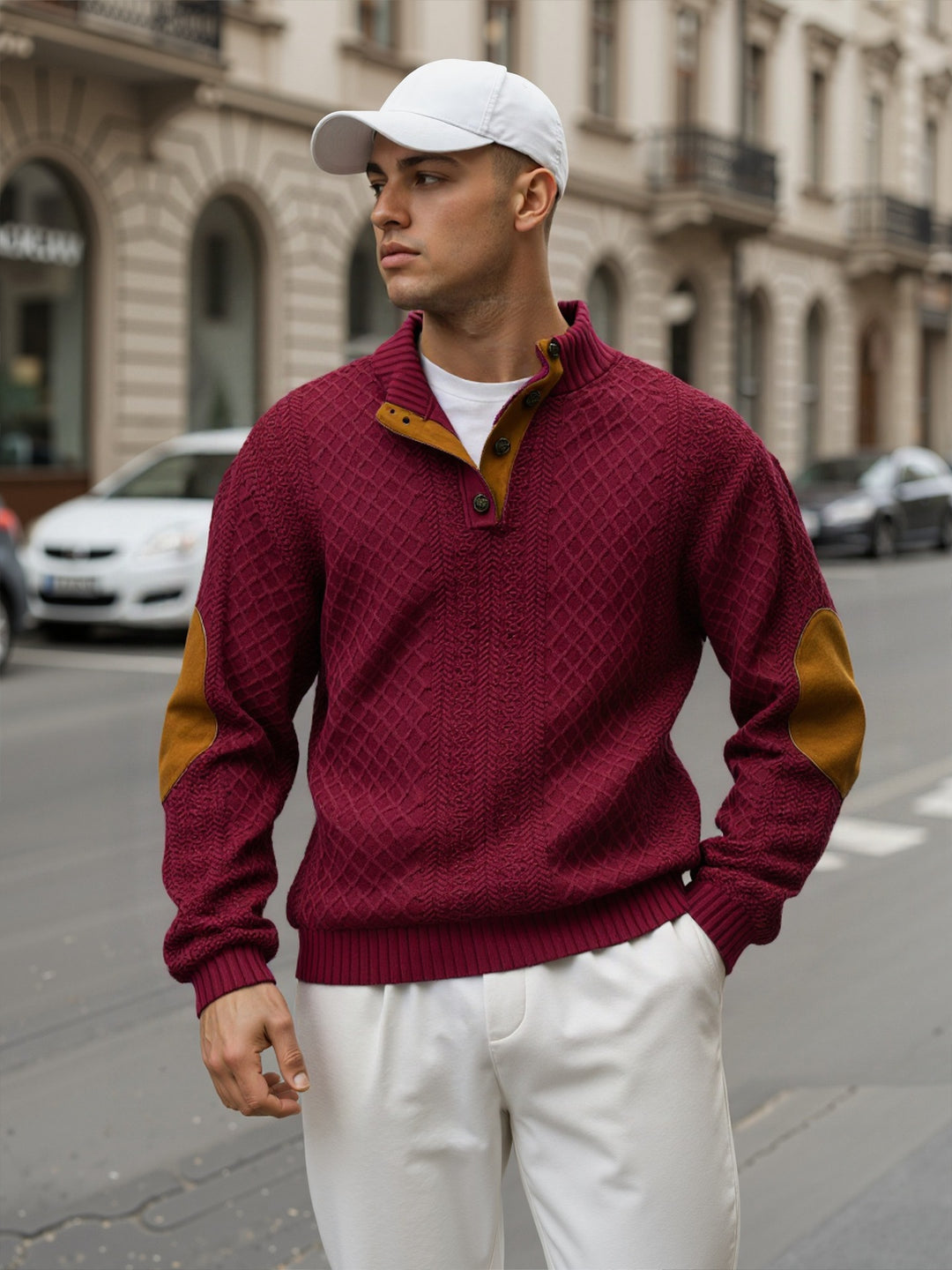 Herren Troyer-Pullover mit Stehkragen, strukturierter Strickoptik und Kontrast-Ellbogenpatches Shop Nory