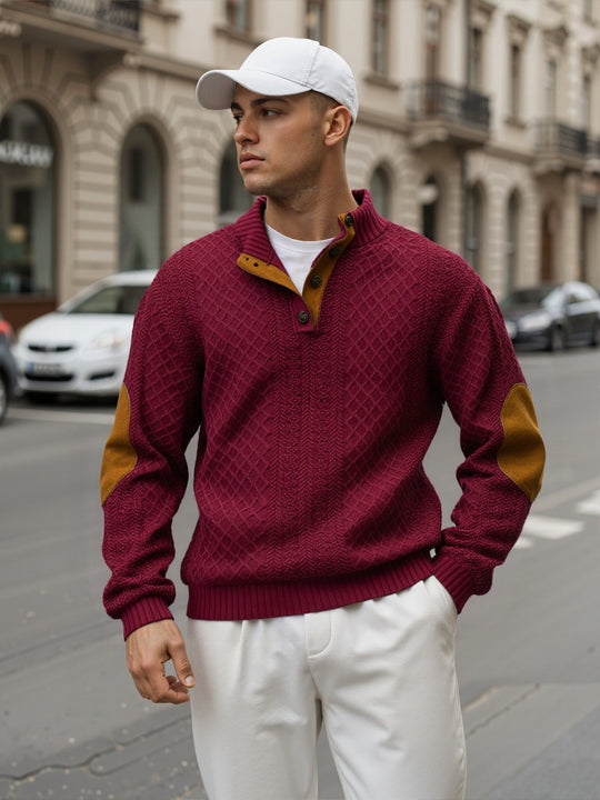 Herren Troyer-Pullover mit Stehkragen, strukturierter Strickoptik und Kontrast-Ellbogenpatches Shop Nory