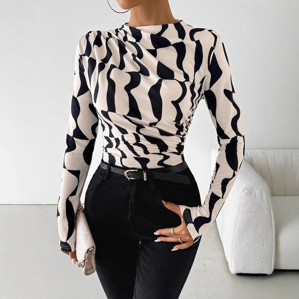 Damen nan tailliertes Langarmshirt mit seitlicher Raffung und Wasserfallausschnitt