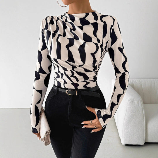 Damen nan tailliertes Langarmshirt mit seitlicher Raffung und Wasserfallausschnitt