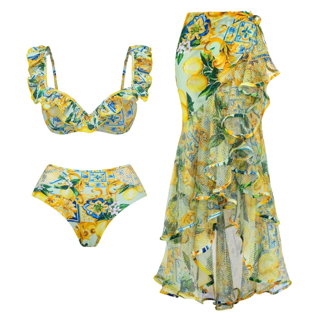 Damen Bikiniset mit elegantem Rüschendesign und maxi Rock