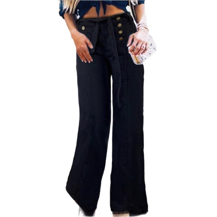 Damen Hochtaillierte, maritim inspirierte weite Jeanshose mit Zierknopfleiste und Bindegürtel Shop Nory