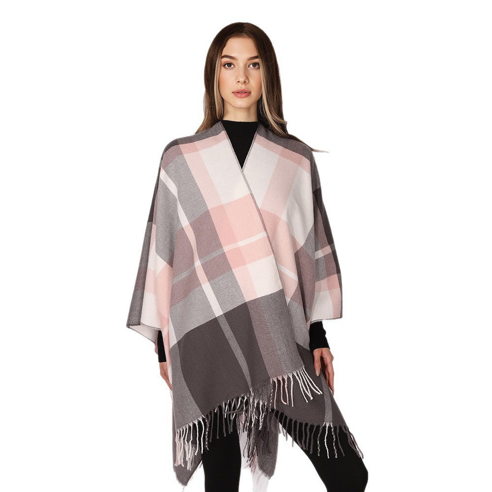 Damen Oversize-Karoponcho aus weichem Wollmix mit Fransensaum Shop Nory