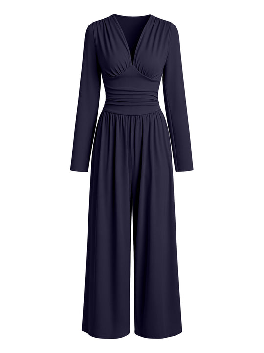 Damen Eleganter V‑Ausschnitt Jumpsuit mit tailliertem Wickelbund und weitem Hosenbein Shop Nory