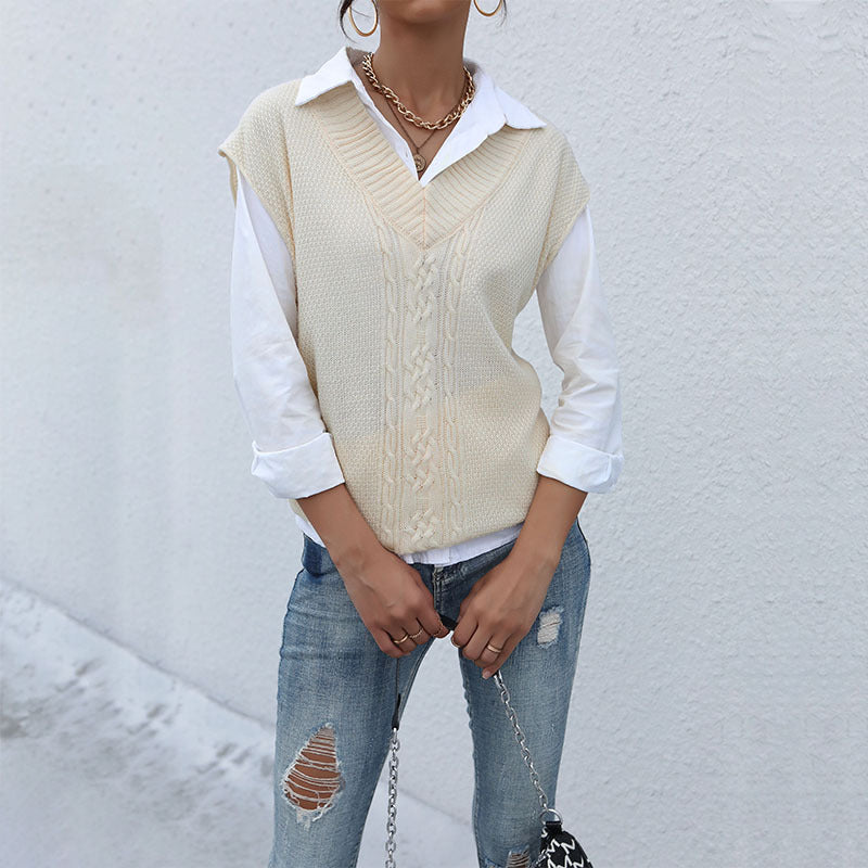 Damen Langer Strickpullunder mit Zopfmuster und V‑Ausschnitt Shop Nory