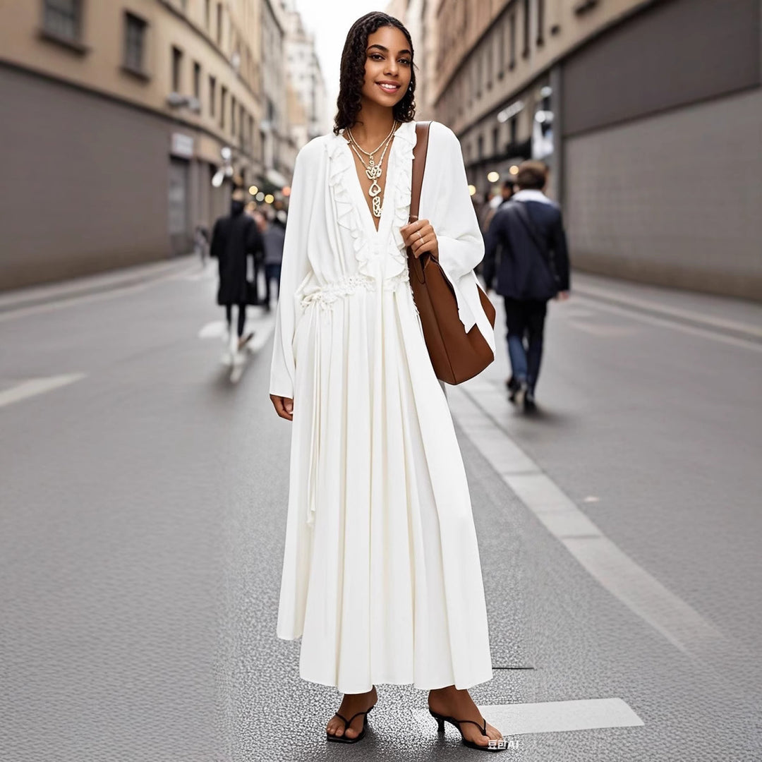 Damen Maxikleid mit Volants, Bindekragen und weitem Glockenärmel Shop Nory