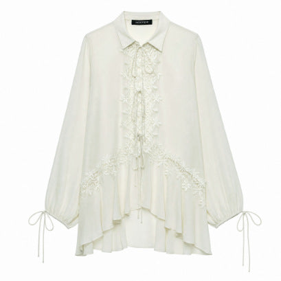 Damen Romantische Chiffon-Bluse mit Spitzenapplikation, Volant-Saum und Bindebändern Shop Nory