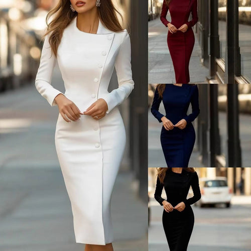 Damen Körperbetontes Etuikleid mit verdeckter asymmetrischer Knopfleiste und Stehkragen Shop Nory