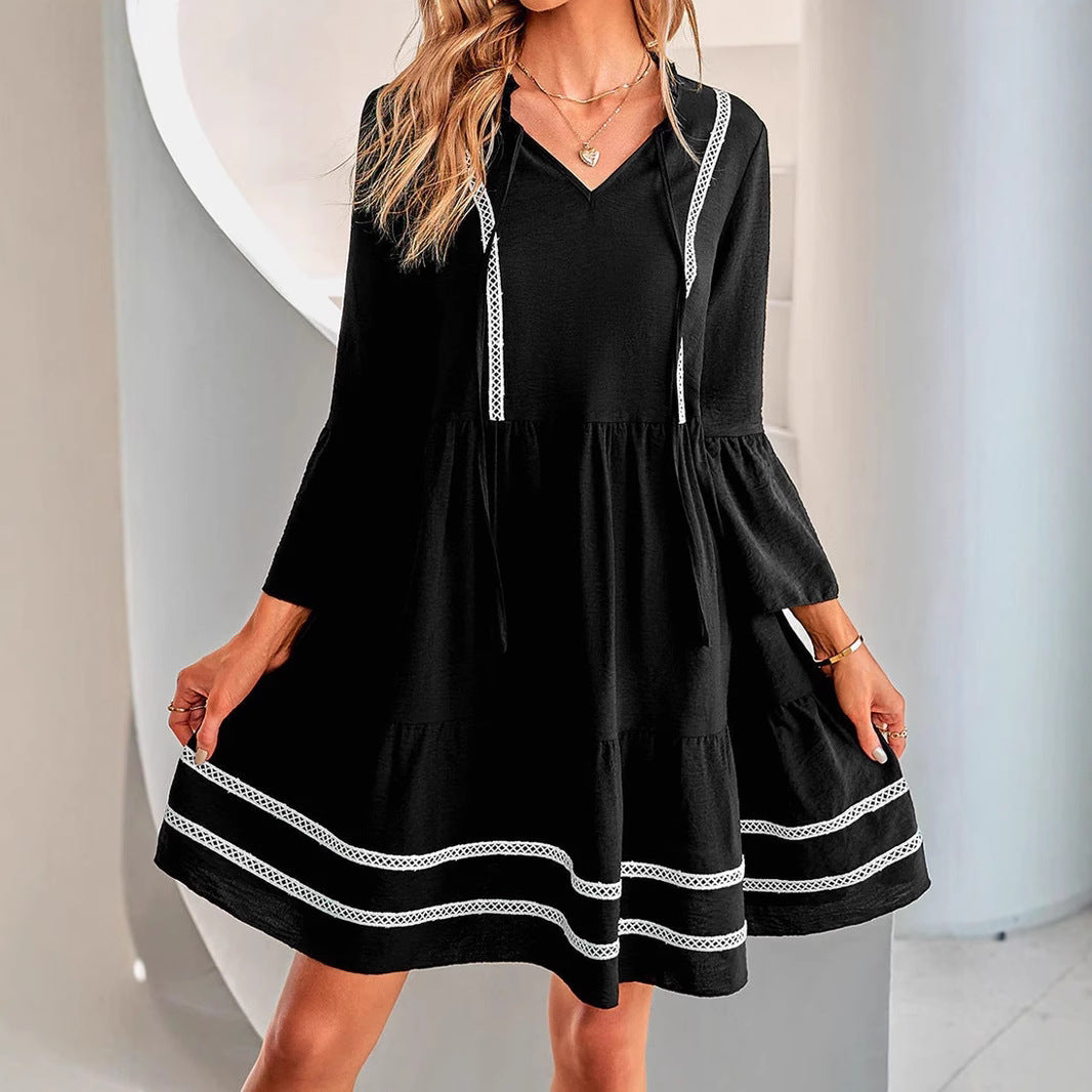 Damen Stufiges Tunika-Kleid mit V-Ausschnitt, Kordelzug und Glockenärmeln Shop Nory