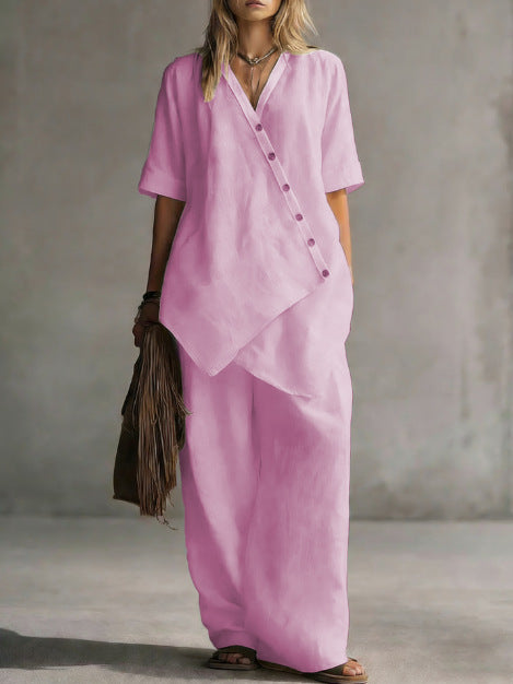 Damen Leinen-Zweiteiler mit asymmetrischer Knopfleiste und weiter Palazzo-Hose Shop Nory