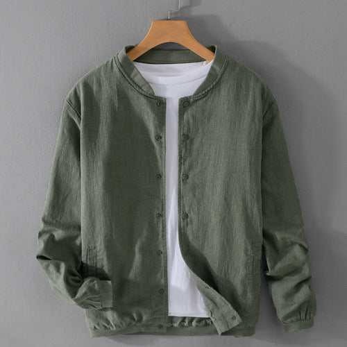 Herren Leichte Leinen-Bomberjacke mit Stehkragen und Druckknöpfen Shop Nory