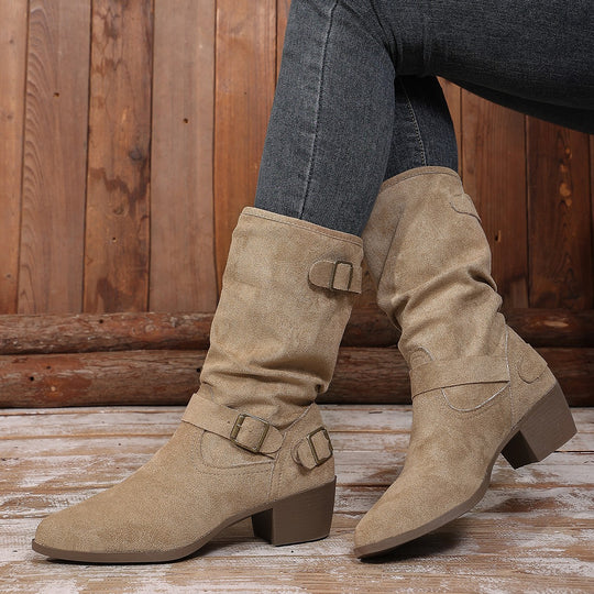 Damen Stiefeletten mit mittelhohem Blockabsatz und lässigem Slouch-Schaft Shop Nory