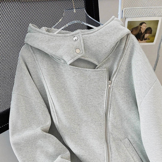 Damen Oversized Kapuzenjacke mit asymmetrischem Reißverschluss und Cut-Out-Detail Shop Nory
