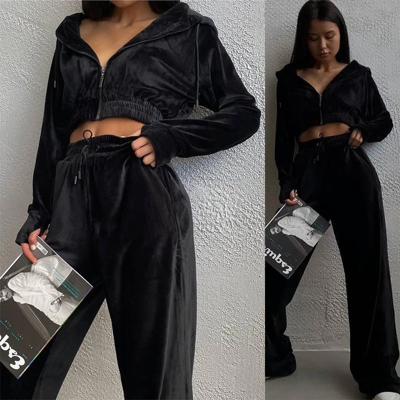 Damen Samt-Loungewear-Set mit Cropped Zip-Kapuzenjacke und weiter Palazzohose Shop Nory