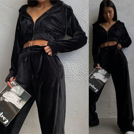 Damen Samt-Loungewear-Set mit Cropped Zip-Kapuzenjacke und weiter Palazzohose Shop Nory