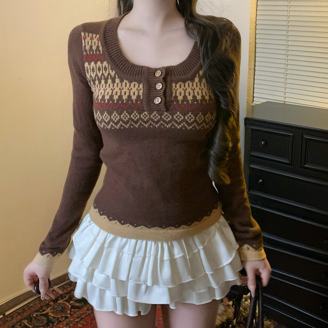 Damen nan kurzes Feinstrick V‑Pullover mit floralem Intarsienmotiv und ausgestellten Trompetenärmeln Shop Nory