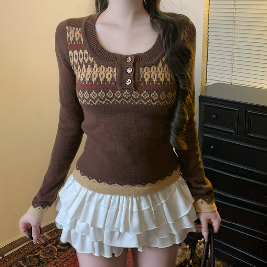 Damen nan kurzes Feinstrick V‑Pullover mit floralem Intarsienmotiv und ausgestellten Trompetenärmeln Shop Nory