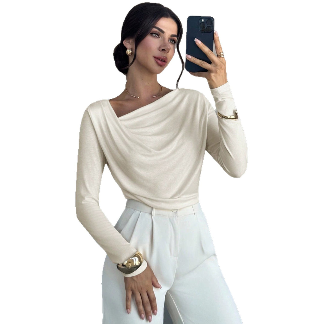 Damen elegantes drapiertes Langarm-Top mit Wasserfallkragen und taillierter Silhouette Shop Nory