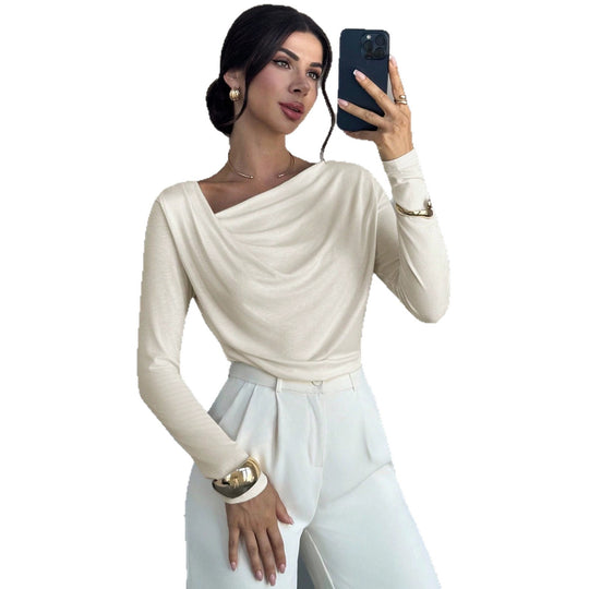 Damen elegantes drapiertes Langarm-Top mit Wasserfallkragen und taillierter Silhouette Shop Nory