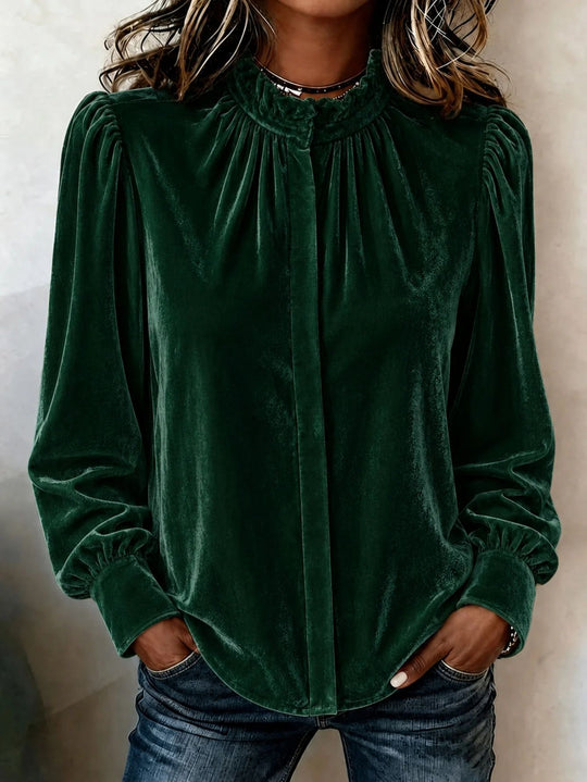 Damen Samtbluse mit Rüschen-Stehkragen, verdeckter Knopfleiste und gerafften Ballonärmeln Shop Nory