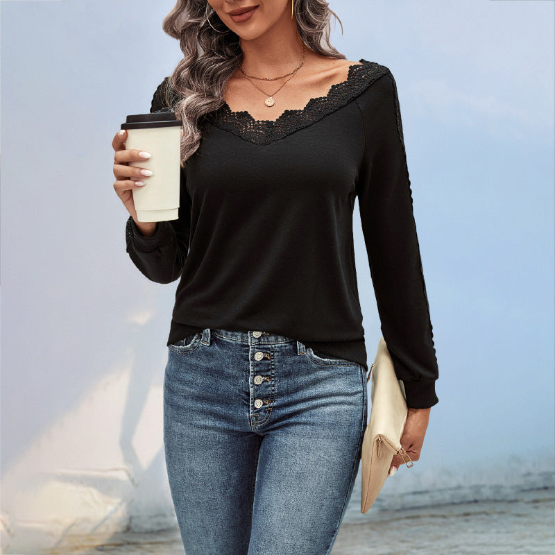 Damen Feinstrick-Longsleeve mit Spitzen-V-Ausschnitt und Spitzenbesatz an den Ärmeln Shop Nory