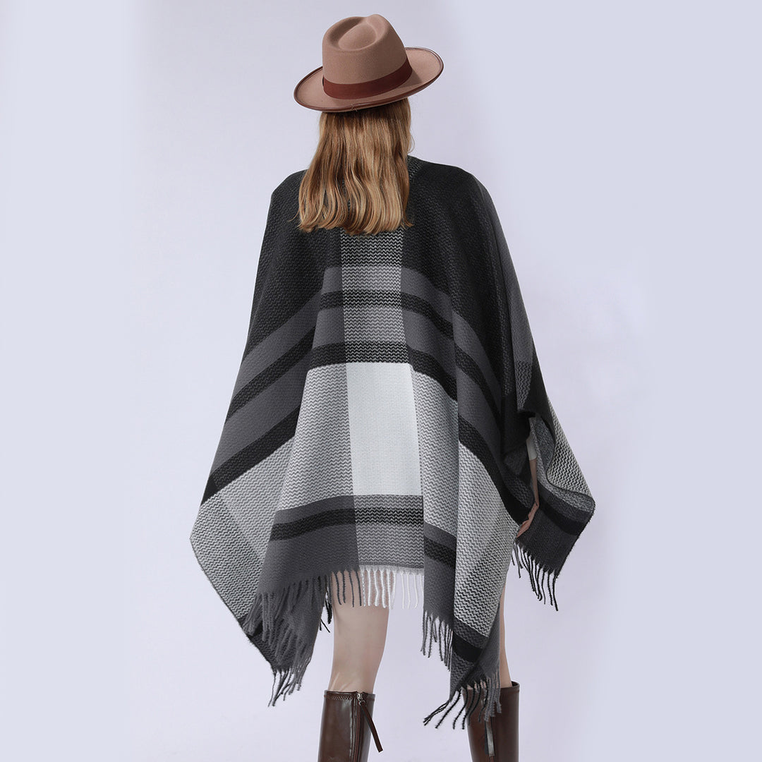Damen Wollmix-Capeponcho mit V‑Ausschnitt, Blockstreifen und Fransen Shop Nory