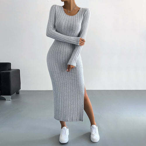 Damen figurbetontes Rippenstrick-Midikleid mit schmaler Silhouette, Rundhalsausschnitt und seitlichem Oberschenkelschlitz Shop Nory