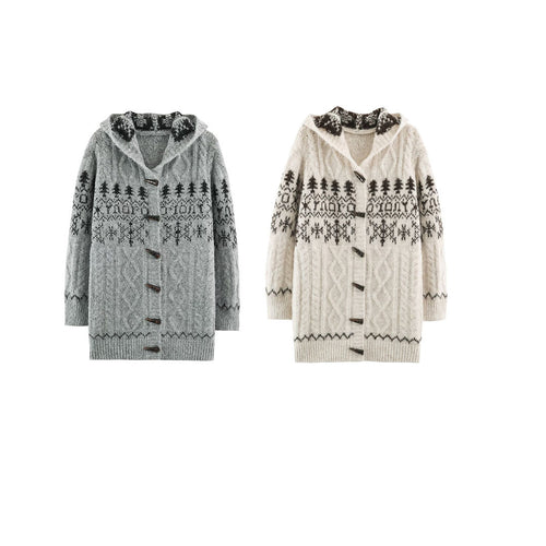 Damen Grobgestrickte Kapuzen‑Strickjacke mit Hornknöpfen und Norwegermuster Shop Nory