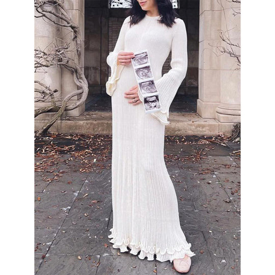 Damen Geripptes Maxikleid mit langen Ärmeln, Volantmanschetten und Rüschenabschluss Shop Nory