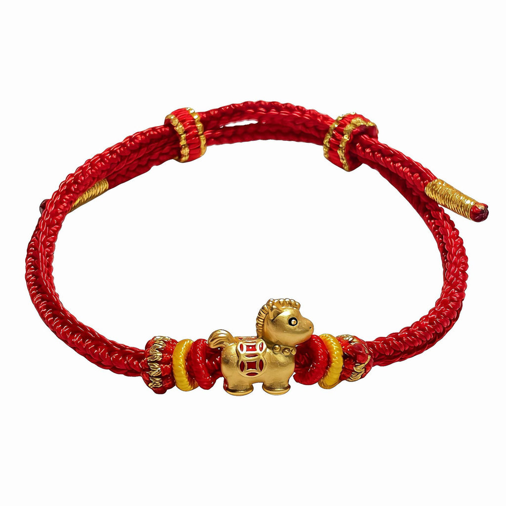 Damen Armband mit goldenem Pferde-Anhänger und rotem Textilband Shop Nory