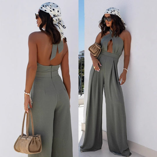 Damen Jumpsuit mit tiefem V-Ausschnitt und weiten Beinen