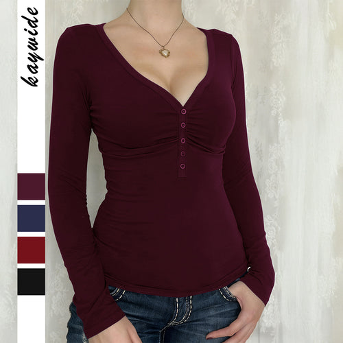 Damen nan tailliertes Langarmshirt mit geraffter Knopfleiste und tiefem V-Ausschnitt Shop Nory