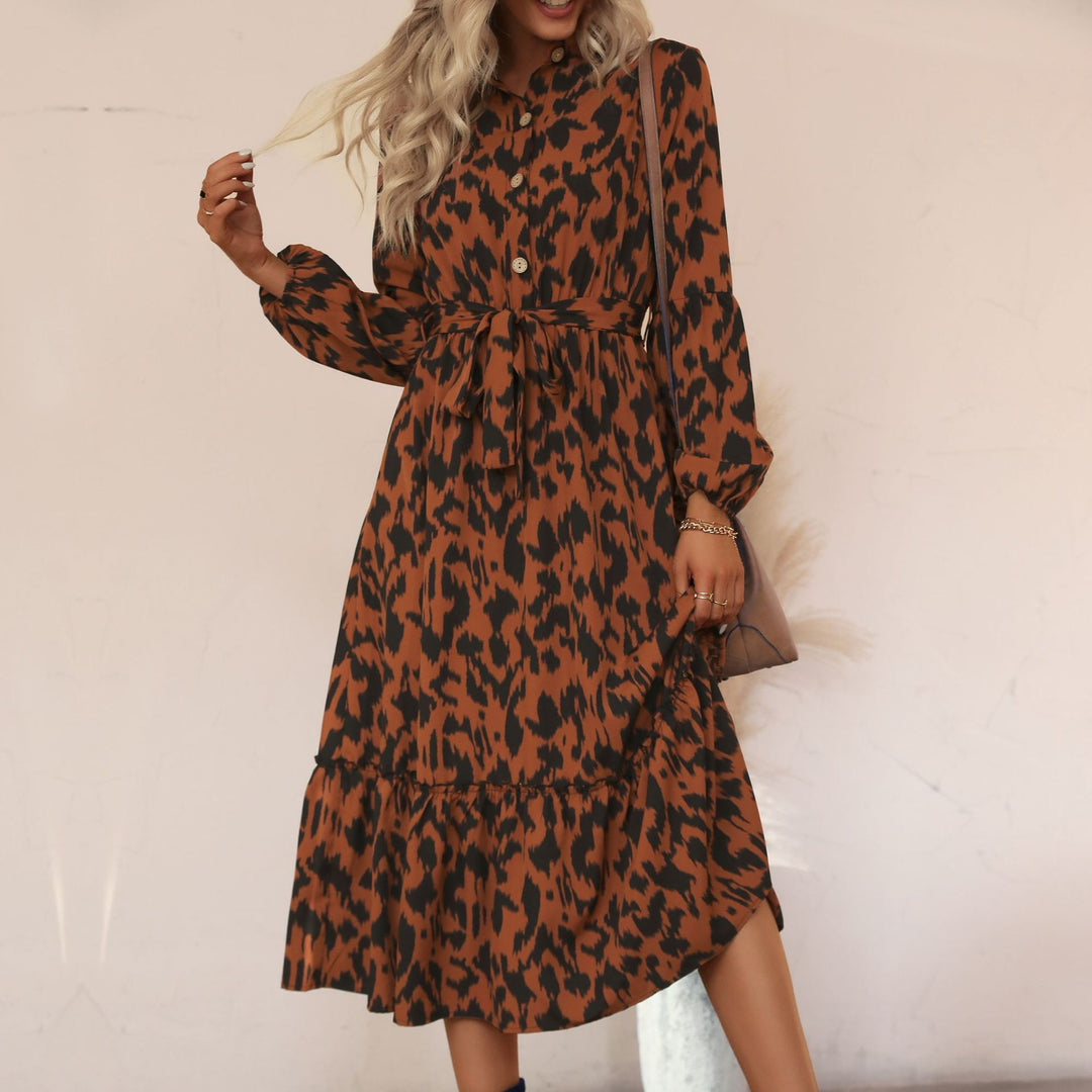 Damen Midikleid mit Animal-Print, Knopfleiste, Taillengürtel und Stufenrock Shop Nory