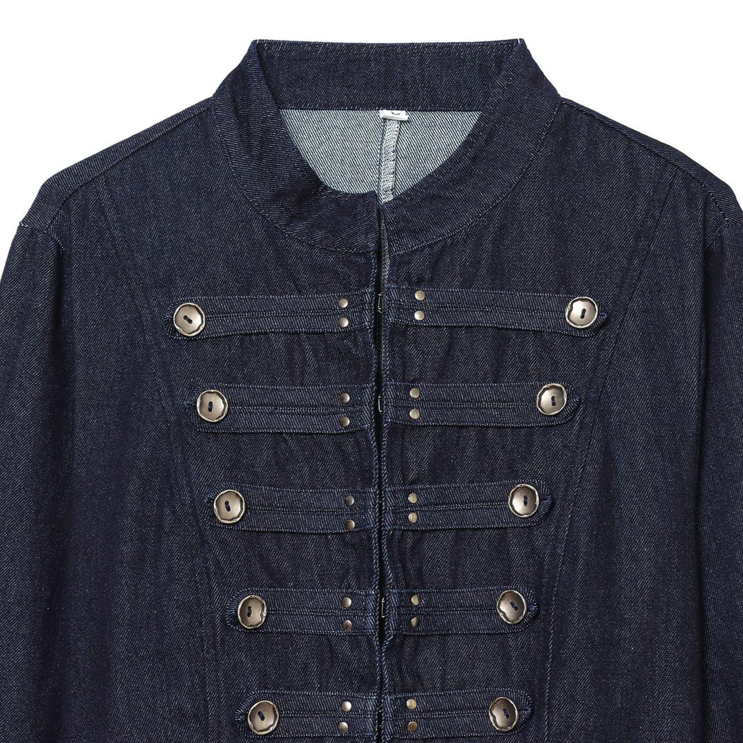 Damen Cropped Denim‑Militärjacke mit Stehkragen und dekorischer Zierknopfleiste Shop Nory