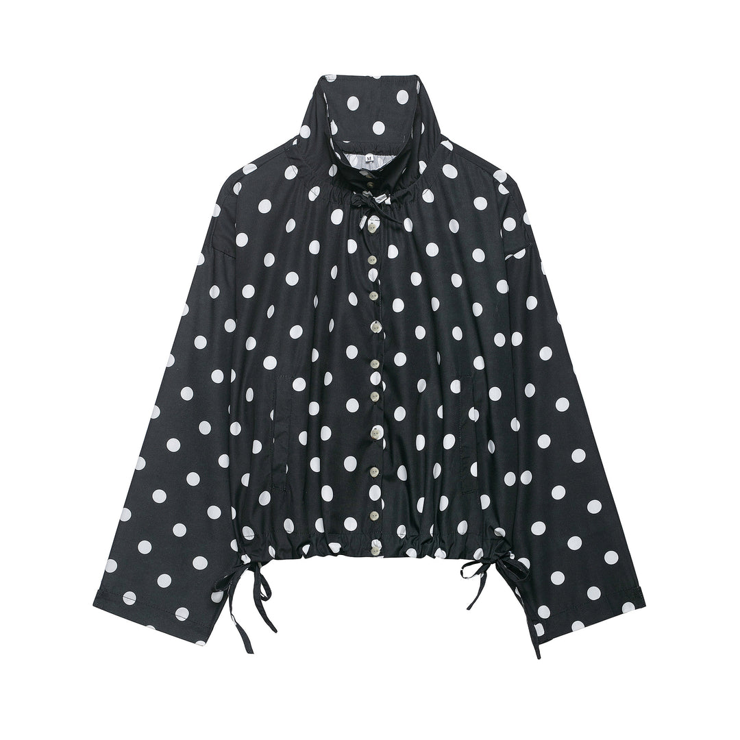 Damen Leichte Bluse im Polka‑Dot‑Design mit Stehkragen, Tunnelzugsaum und Knopfleiste Shop Nory