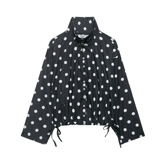 Damen Leichte Bluse im Polka‑Dot‑Design mit Stehkragen, Tunnelzugsaum und Knopfleiste Shop Nory