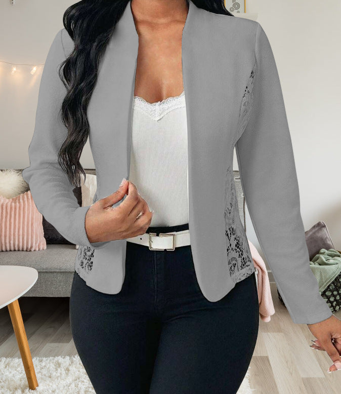 Damen elegante Blazerjacke mit Spitzenakzenten