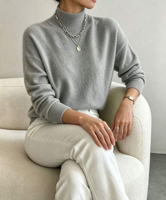 Damen kuscheliger Feinstrickpullover mit Stehkragen und überschnittener Schulter Shop Nory