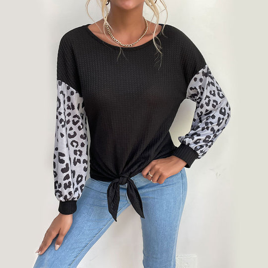 Damen Lässiges Shirt mit Waffelstruktur, Leoparden-Ärmeln und Knotenfront Shop Nory