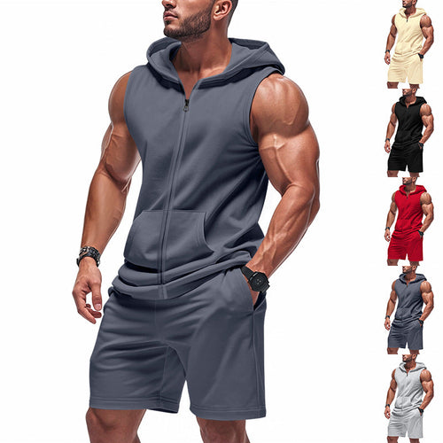 Herren nan sportliches Kapuzen-Set mit ärmelloser Sweatjacke, durchgehendem Reißverschluss und Trainingsshorts