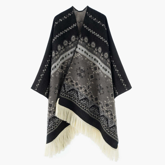 Damen Jacquard‑Ruana mit Fransen und folklorem Muster Shop Nory