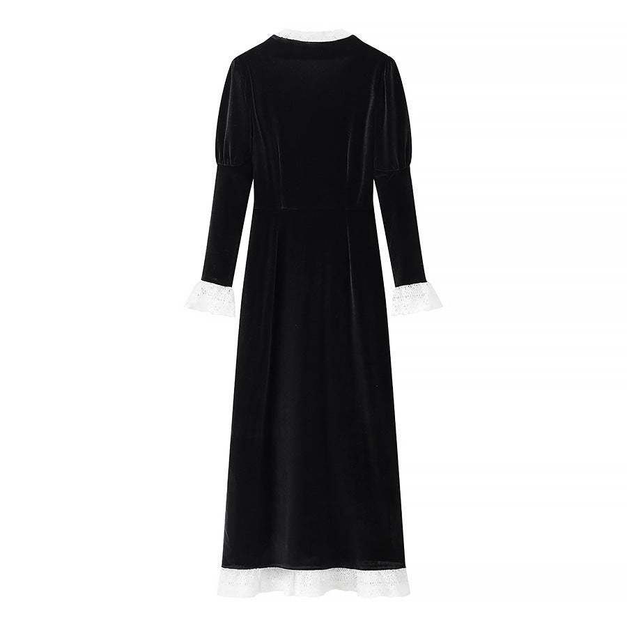 Damen Maxikleid aus Samt mit quadratischem Ausschnitt, Puffärmeln und Spitzenbesatz Shop Nory