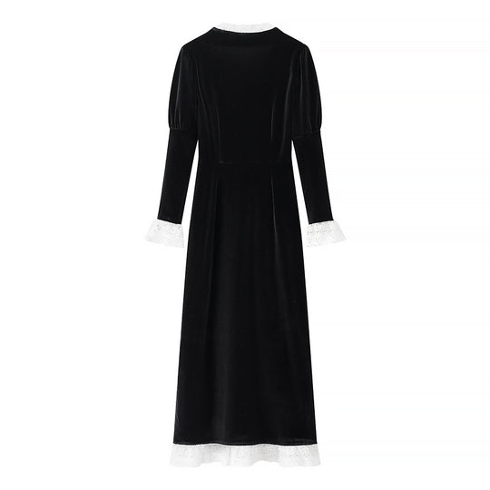 Damen Maxikleid aus Samt mit quadratischem Ausschnitt, Puffärmeln und Spitzenbesatz Shop Nory