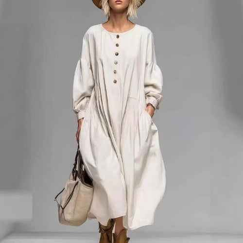 Damen Lässiges Midi-Kleid mit Knopfleiste, Ballonärmeln und Eingrifftaschen Shop Nory